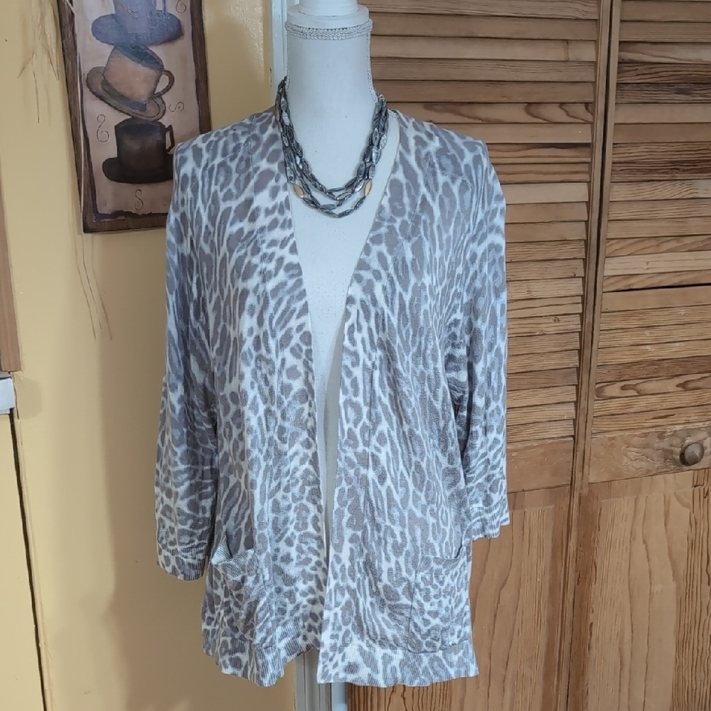 CJ Banks Lightweight Gray & White Animal Print Open Front Cardigan Sweater X 14W